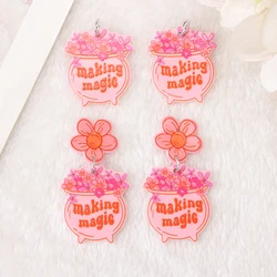 8 Pcs Fashion Magic Pot  Charms  Two Side Print Acrylic Creative Flower Pendant  Jewlery Findings For Necklace Keychain  Diy