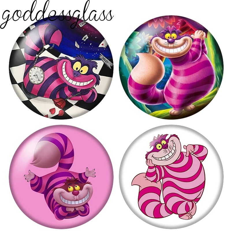 Rosa Cheshire-Katze aus Alice im Wunderland, 10 Stück, 12 mm/18 mm/20 mm, Fotoglas-Cabochon mit flacher Rückseite, zur Herstellung von Schlüsselanhänger-Schmuck