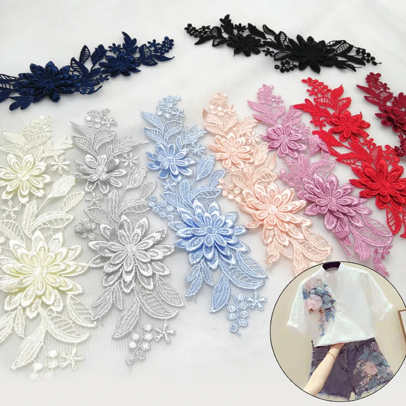 1 Pair 3d Embroidery Lace Flower Patches Diy Sewing Clothes Applique Neckline Pair Patches Dress Accessories Наклейки Costura