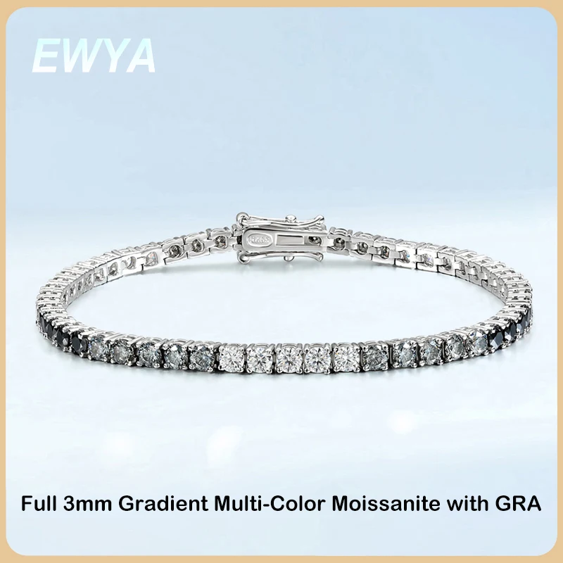 

EWYA 3mm 0.1CT Gradient Color Black Grey White Moissanite Diamond Tennis Bracelet for Men Women Unisex 925 Silver Link Bracelets