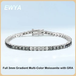 EWYA 3mm 0.1CT Gradient Color Black Grey White Moissanite Diamond Tennis Bracelet for Men Women Unisex 925 Silver Link Bracelets