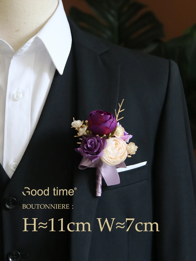 GT Silk Corsages Boutonnieres Wedding Decoration Marriage Rose Wrist Corsage Pin Boutonniere Flowers for Guests Purple