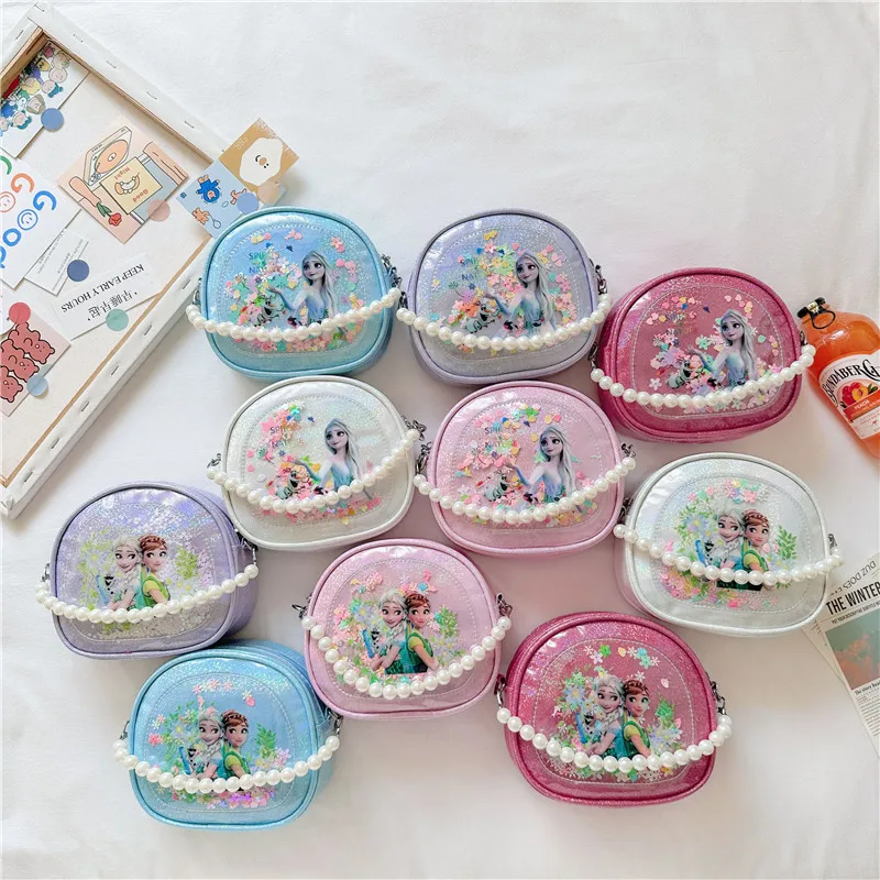 

MINISO Disney Frozen Princess Elsa Girls Crossbody Bag Kawaii Pearl Chain Tote Shoulder Bag Coin Storage Bag