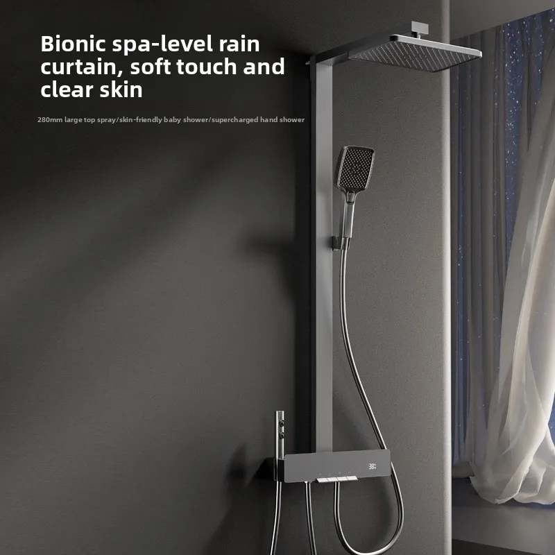 All Copper Shower Set Four Settings Ceiling Rain Shower Thermostatic Digital Display Pressure Boost Shower Head and Handle Set