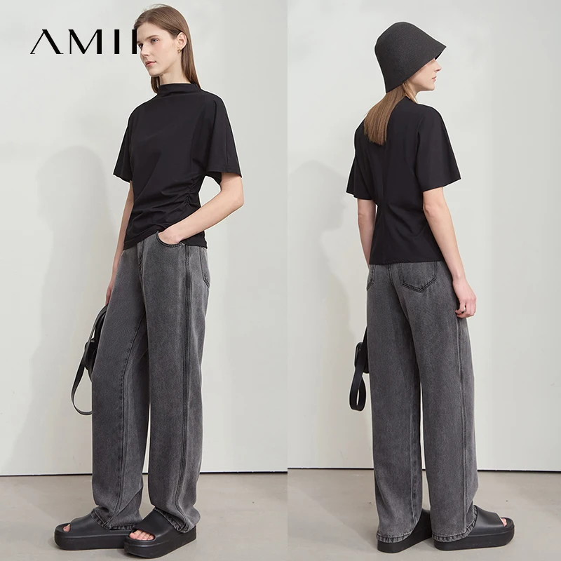 AMII minimaliste décontracté femmes t-Shirt 2025 été nouveau solide col roulé à manches courtes dames hauts vêtements de mode femme 12522126