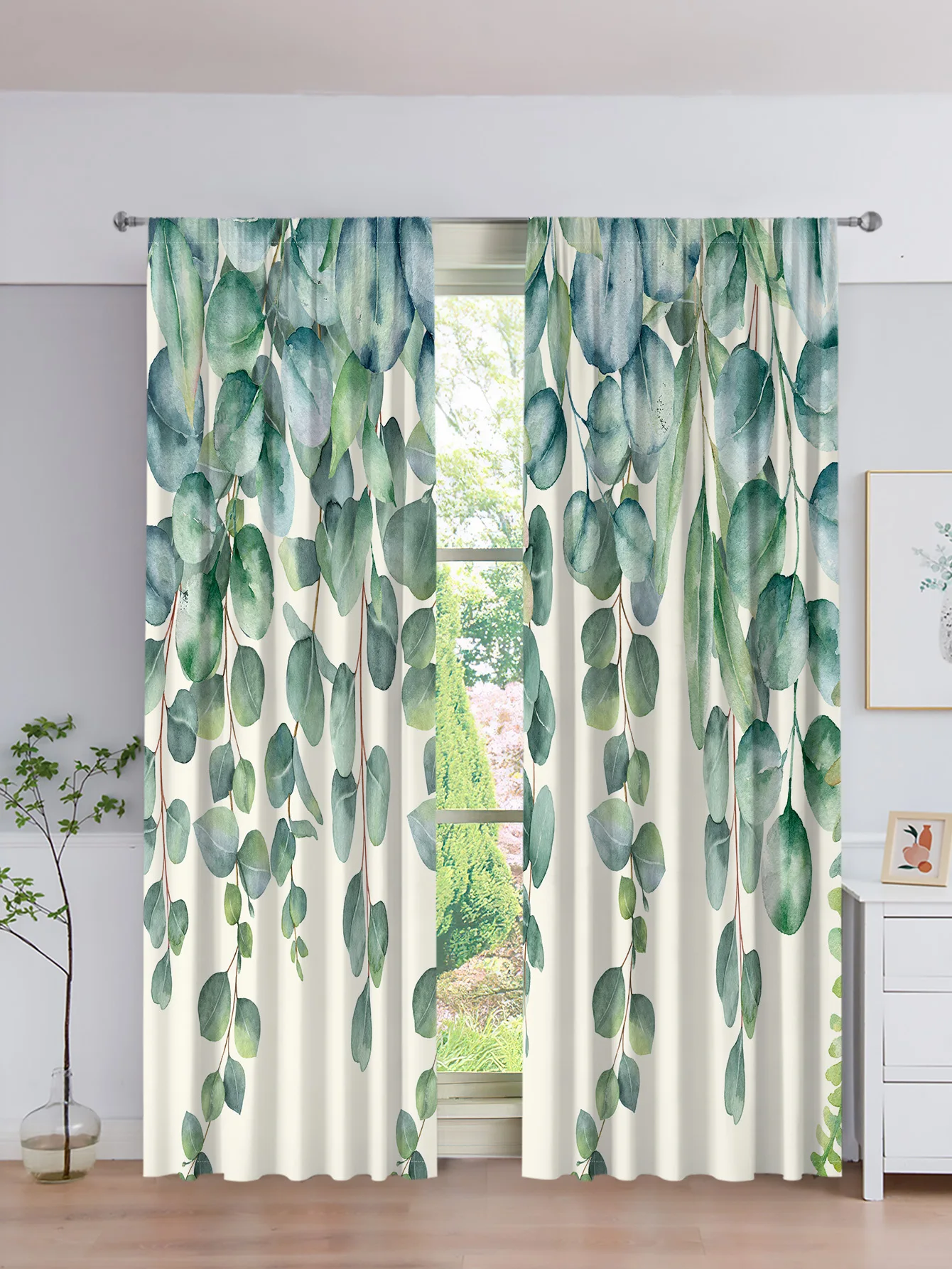 

Spring Green Eucalyptus Leaves Flower Tree Pattern 2 Pieces Free ShippingThin Window Curtain for Bedroom Living Room Home Decor