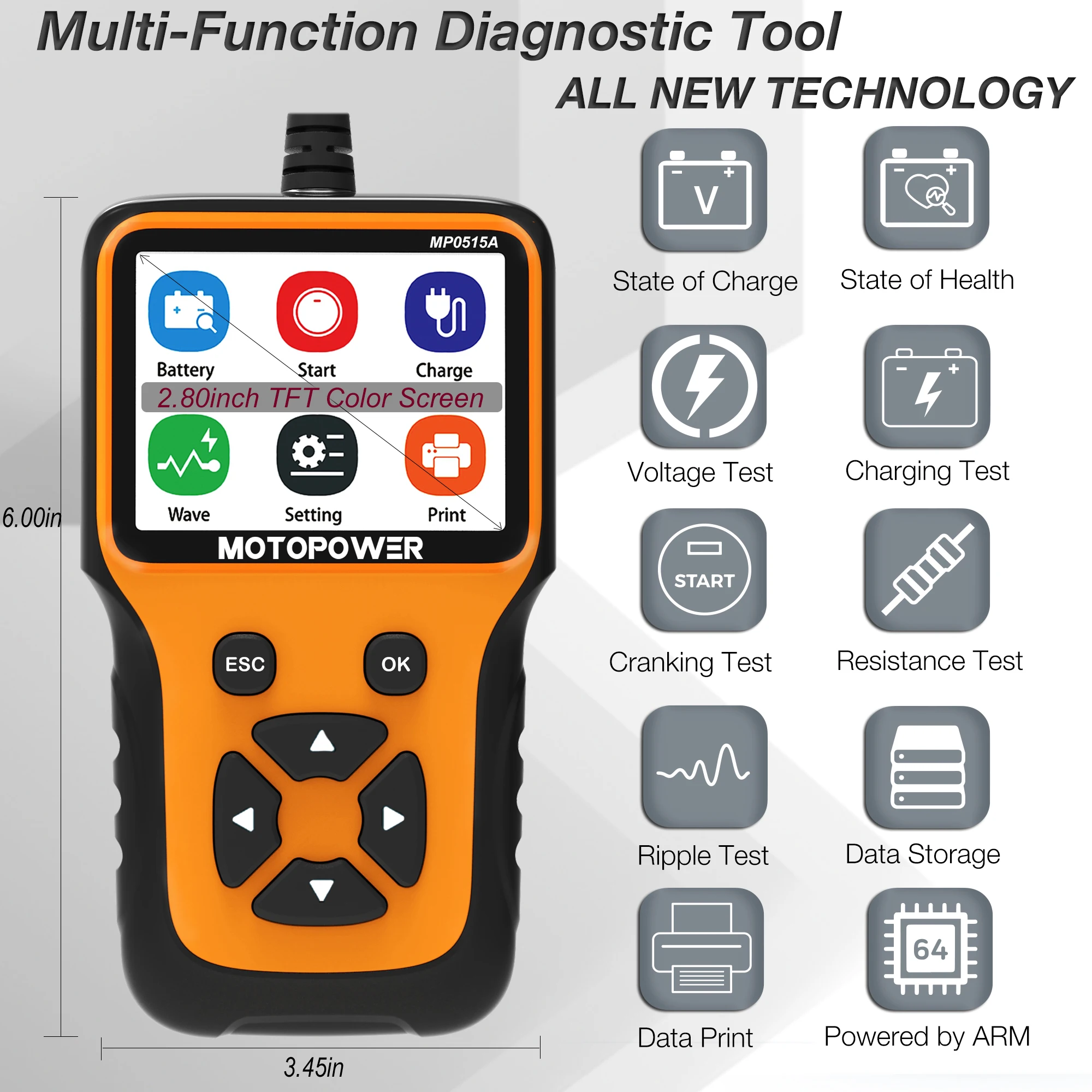 MOTOPOWER 12V Car Battery Tester Automotive 100-2000 CCA Battery Load Tester Auto Cranking and Charging System Test Scan