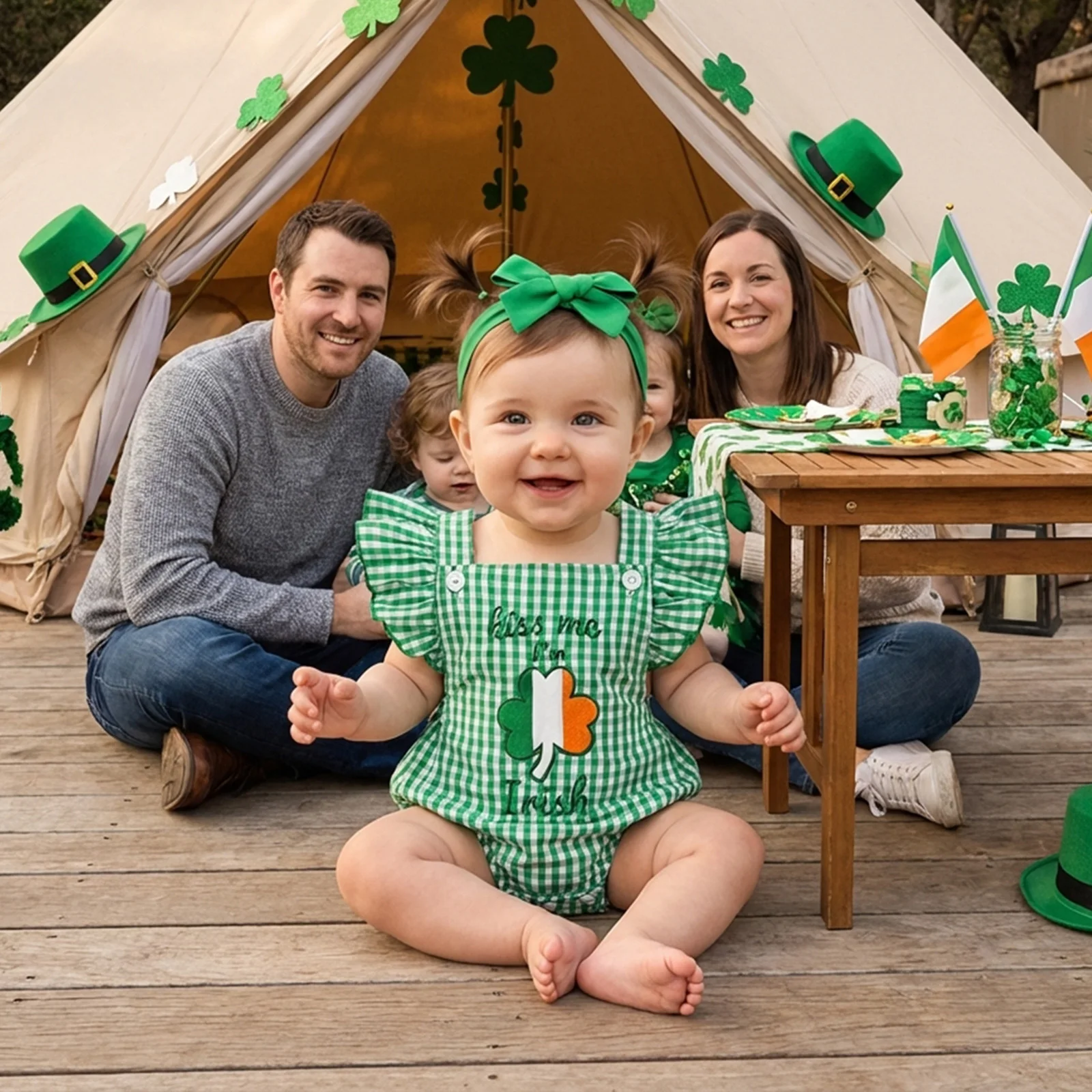 Baby Girl St. Patrick's Day Romper Outfit Plaid Shamrock Letter Embroidered Flying Sleeve Romper with Headband 2Pcs Spring Set
