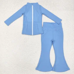 Wholesale Toddler Children Sportswear Set Baby Girl Long Sleeves Blue Cardigan Tops Kids Infant Bell Pants Outfit