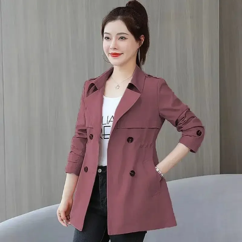 Womens Spring and Autumn New Suit Collar Trench Solid Color Cultivation Button Versatile Age Reduction Long Sleeves Coat