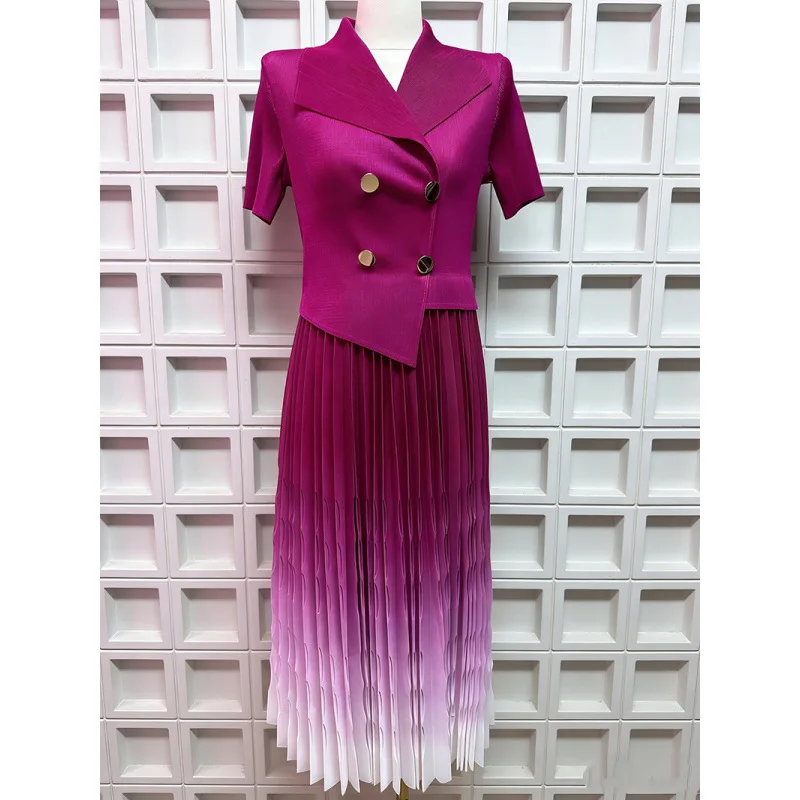 Miyake suit collar folds gradual change color high waist straps loose design short sleeve pleated dress women's clothing