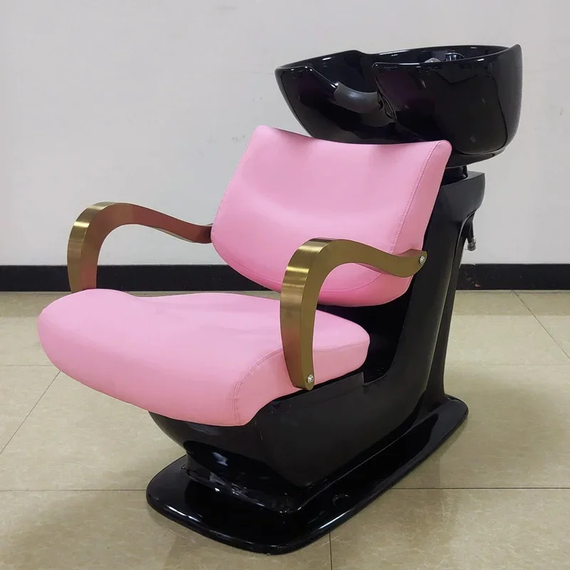 2026 Leather Upholstered Wood Frame Shampoo Chair Ceramic Basin High-Density Sponge Headrest Portable Salon Furniture Semi-Lying