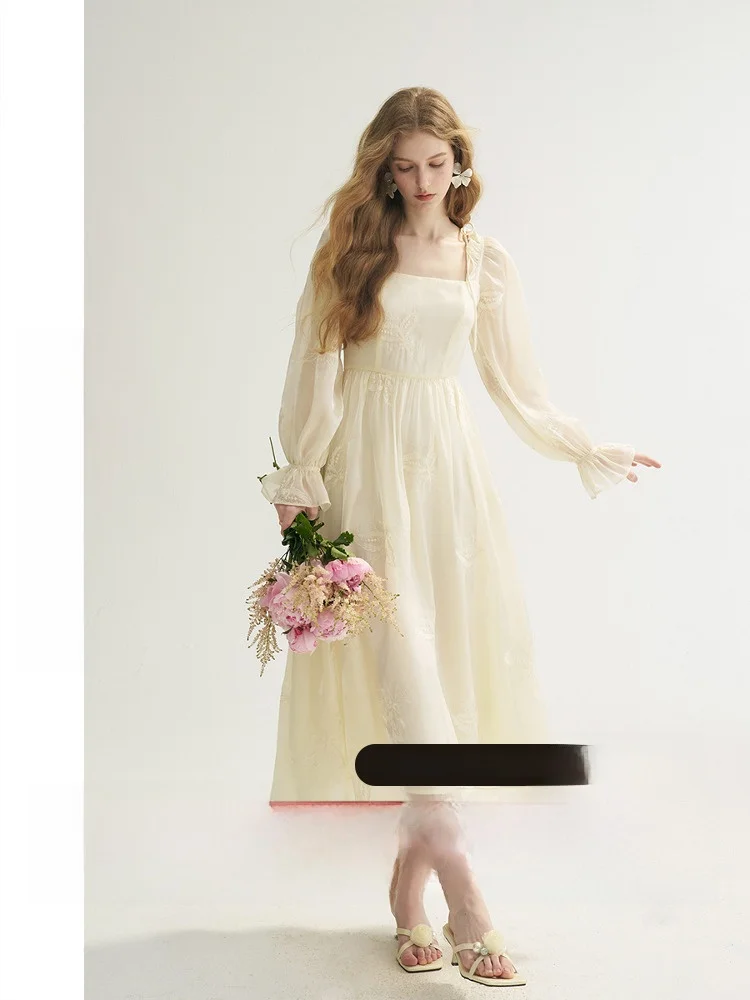 

Белое длинное платье Fairy Skirt Sle с высокой талией Bubble Sve Women's Dr Spring New Sle French Sle A-Line Dr