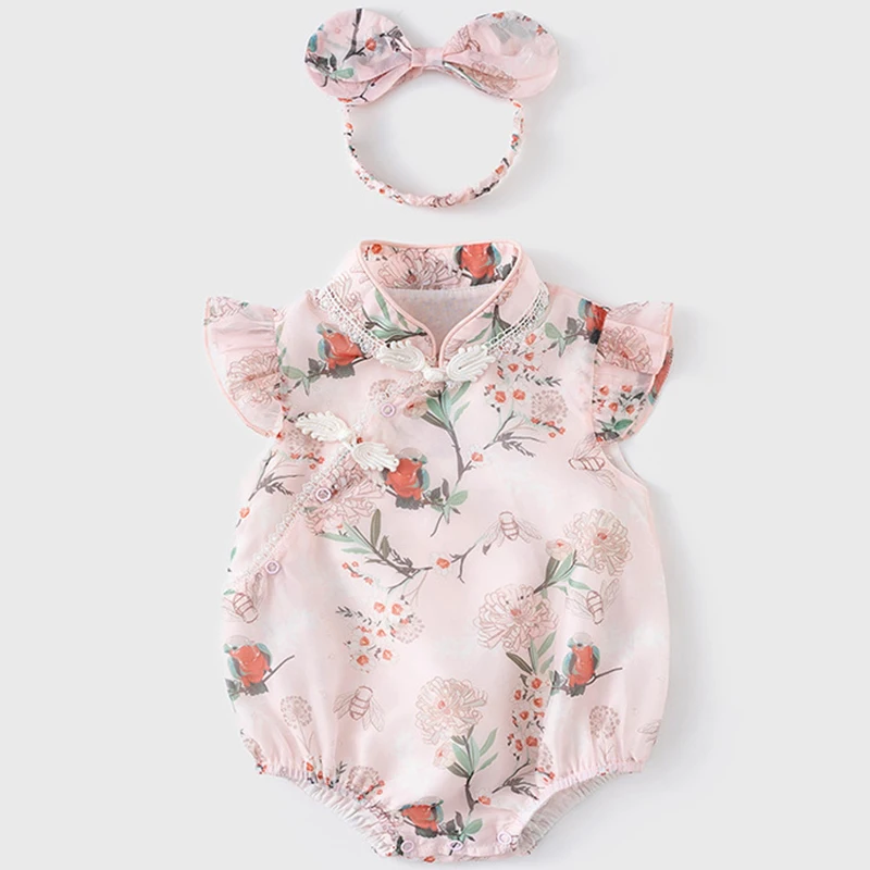 2Piece Sets Summer Infant Girl Clothes Chinese Style Cute Flowers Sleeveless Cotton Jumpsuits Baby Stuff Newborn Items BC2130