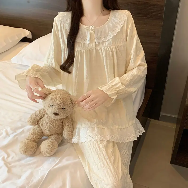 2026 Spring Long Sleeve Cotton Pajama Sets for Women Korean Cute Lace Sleepwear Pyjama Pijama Mujer Homewear Ladies Home Clothes 6
