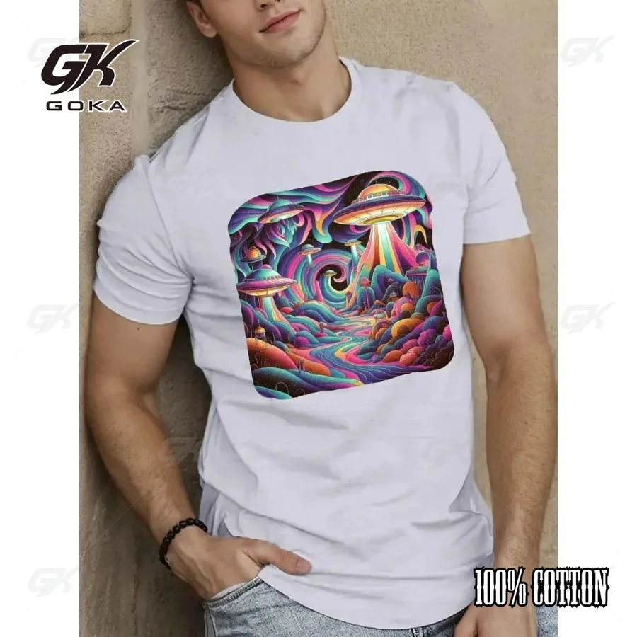 Psychedelic UFO Trippy Space Graphic Casual Fashion T-Shirt Colorful Alien Sci-Fi Casual Cotton Short Sleeve Tee
