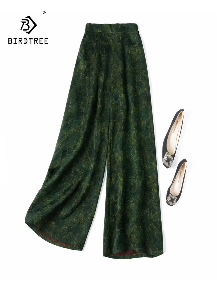 

Birdtree, 24MM 100%Real Silk Watered Gauze Pants, Women High Waisted Craquelure, Loose Casual Trousers, 2024 Summer B46992QC