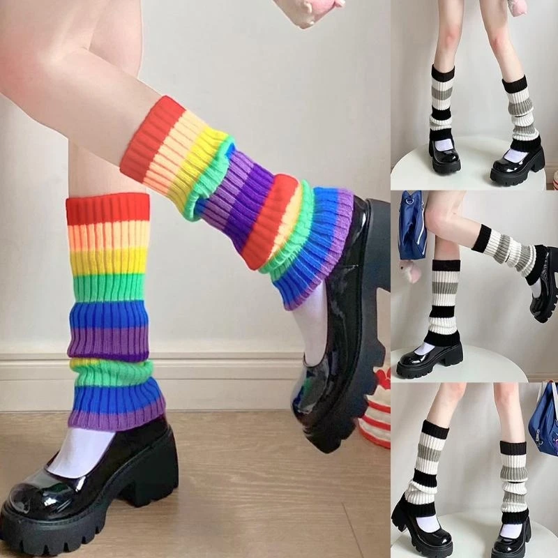 

Korean Women Student Knit Leg Warmers Crochet Ribbed Rainbow Striped Boot Cuffs Cover Chunky Loose Warm Calf 15UB