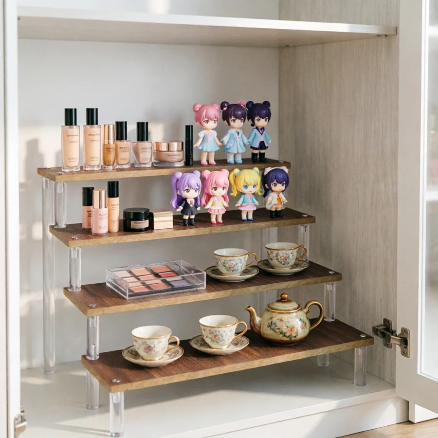 Wood Display Rack Shelf Embedded Desktop Rack Cosmetics Perfume Storage Cupcake Stand Space-saving Countertop Finishing Racks