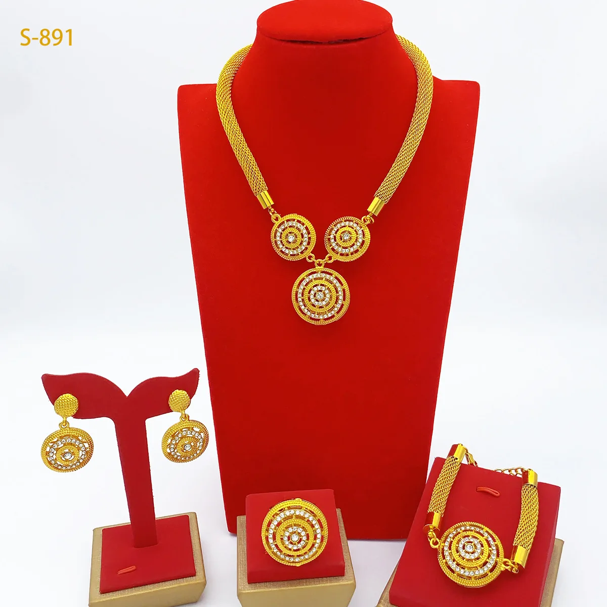 

Women 24K Gold AU999 Diamond-Studded Floral Elegant Necklace Bracelet Earrings Ring 4-Piece Set - Auspicious, ideal for gifting