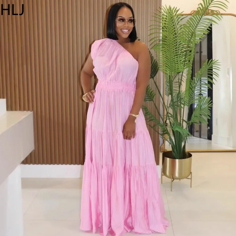 HLJ Summer New Fashion Ruched Patchwork Long Dresses Woman Solid Inclined Shoulder Dress Fashion Birthday Clubwear Vestidos New