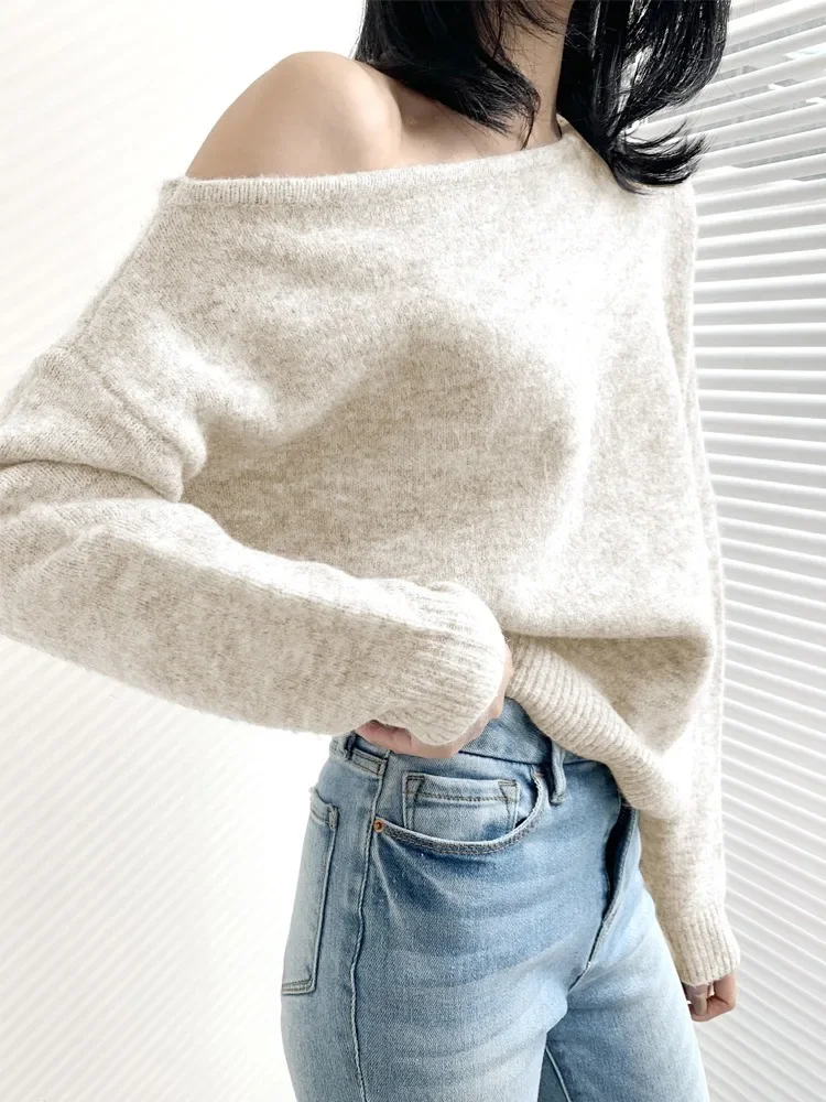 Korean Woman Sweaters Off Shoulder Split Knitted Y2K Tops Elegant Women Solid Pullovers Fashion Pull Femme Jumper Fall Clothing