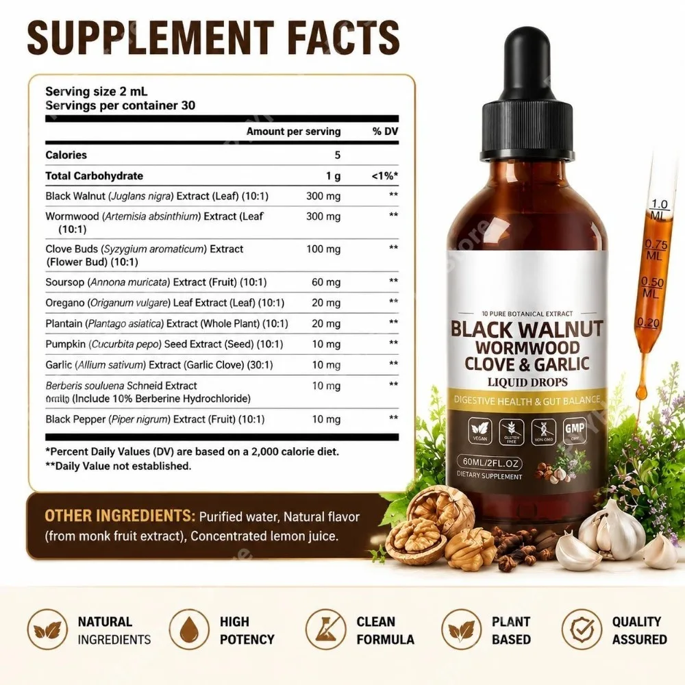 Black Walnut Wormwood Clove & Garlic Liquid Drops with 10 Botanicals Digestive, Antioxidant & Immune Support, 60 ML