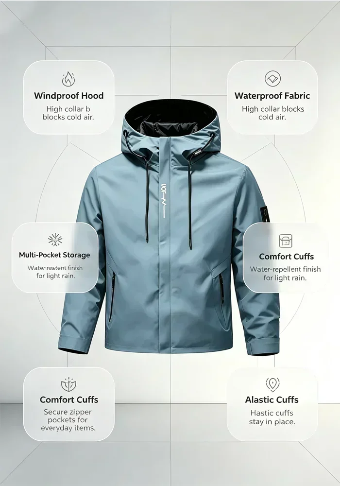 2026 Herren Wasserdichte Regenjacke mit Kapuze Leichte Fahrradjacke Street-Style Wandern Winddicht Outdoor Freizeit – Detail 5