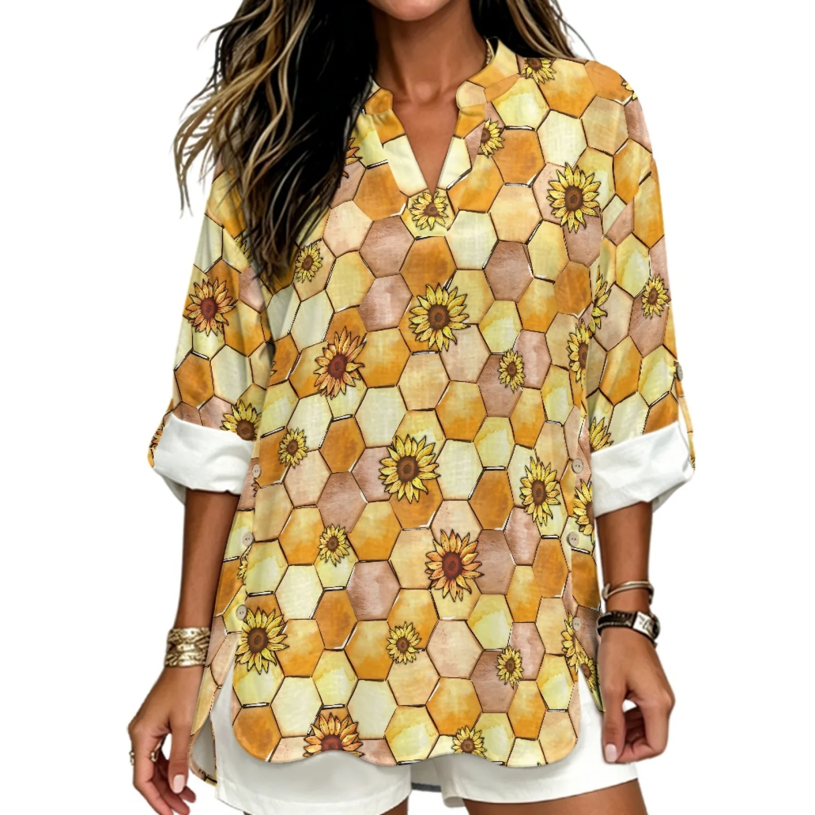 PENSTROLL Bee Linen Like V Neck Long Sleeve Tops Roll Up Sleeve Tunic Blouse for Ladies Sizes S-5XL