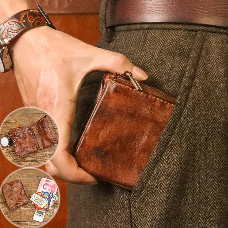 Plantaardig Gelooid Hoofd Laag Koeienhuid Portemonnee Mannen Hand-Gewreven Kleur Echt Leer Retro Casual Korte Billfold