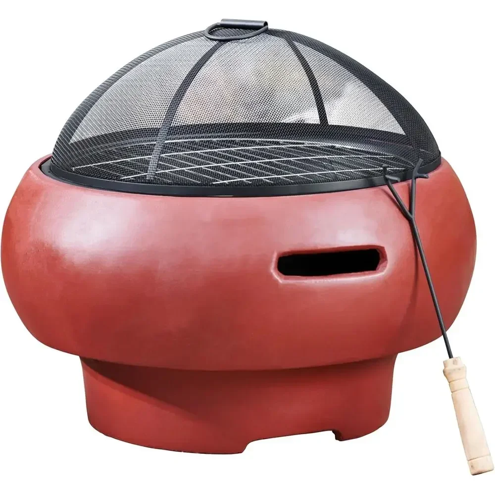 Maroon 20.07 Round Outdoor Wood-Burning Fire Pit with Concrete Base, Spark Screen, Stainless Steel Grill Grate, Removable Fire B