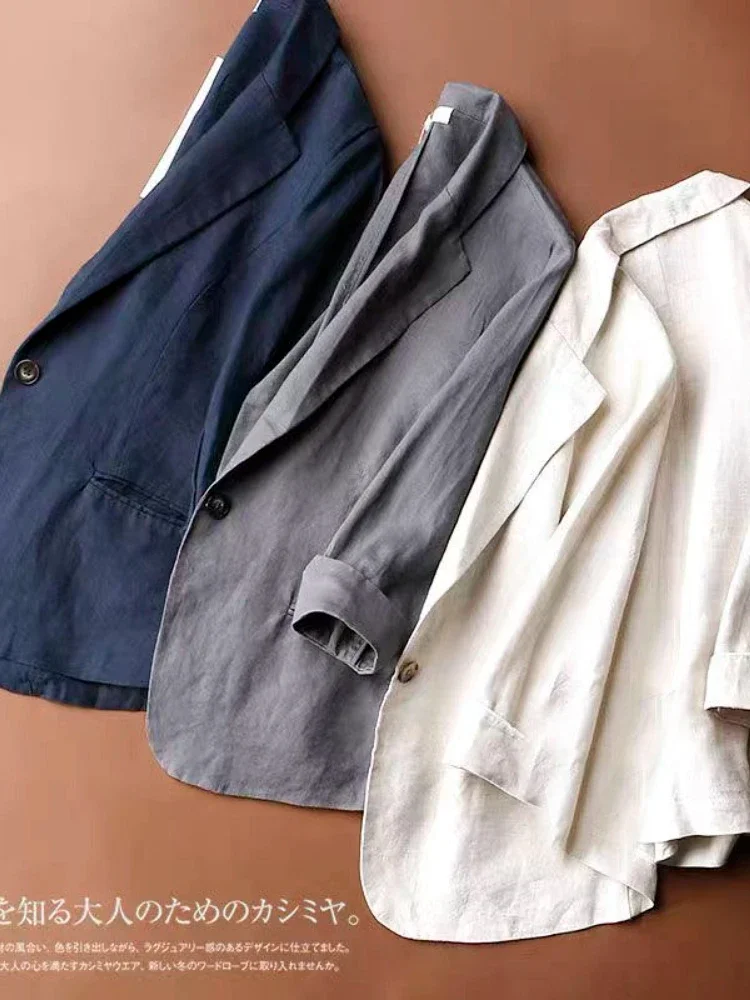Fashion Woman Blazer 2024 Summer Cotton Linen 100% Suit Jacket White Solid Casual Button Single Breasted Female X1102