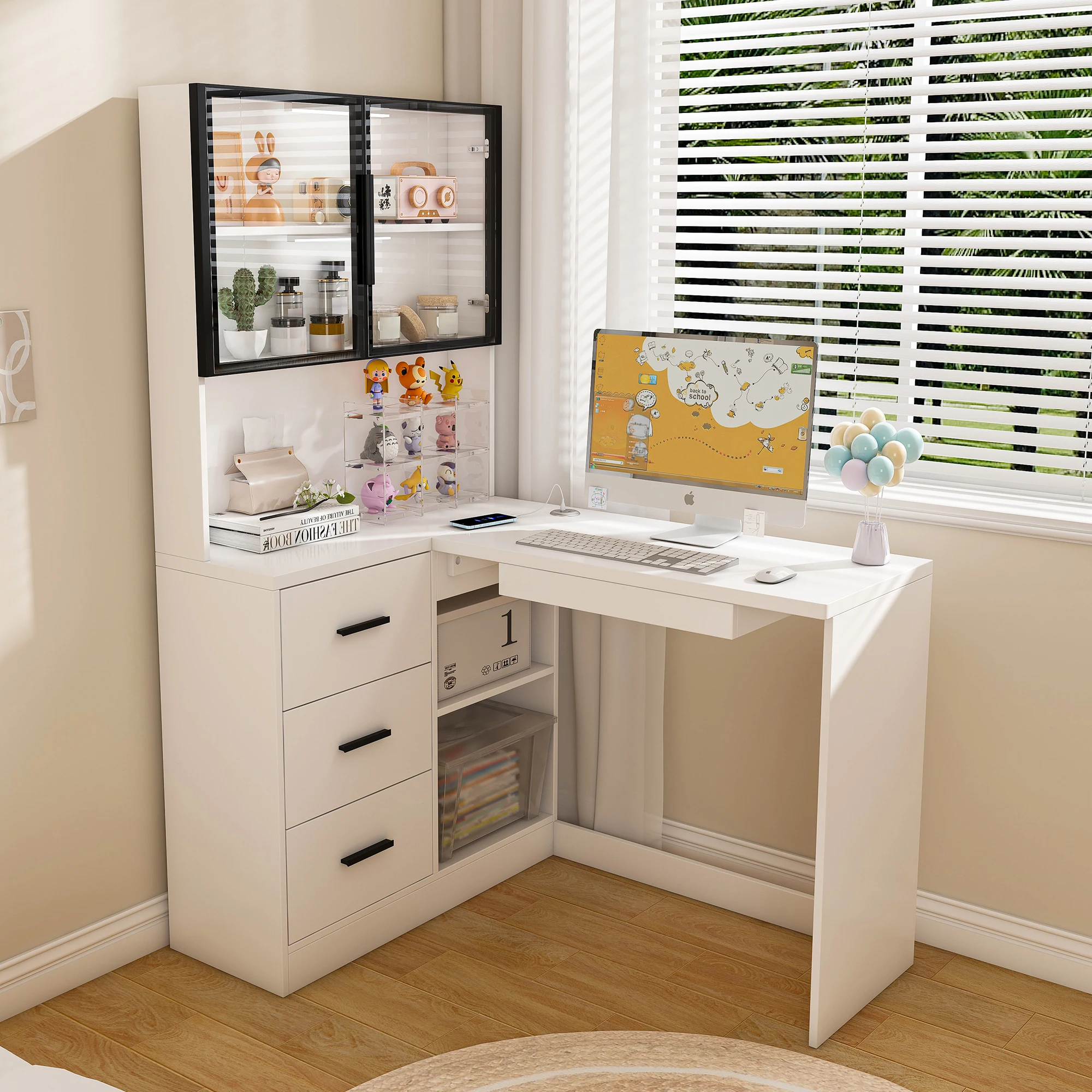 #Integrated L-Shaped Wooden Computer Desk and Bookshelf Simple Home Bedroom Writing Study Desk with Foldable Drawers