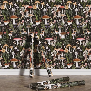 빈티지 숲 버섯 녹색 탈부착 비닐 벽지, 신선한 자체 접착 PVC 홈 스티커, 세련된 부서진 방 장식
