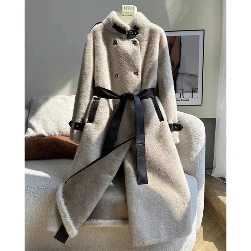 

New Double Breasted Loose Belt Thicken Warm Fur Jacket Outwear Winter Fashion High-end Temperament Long Fur Coat For Women