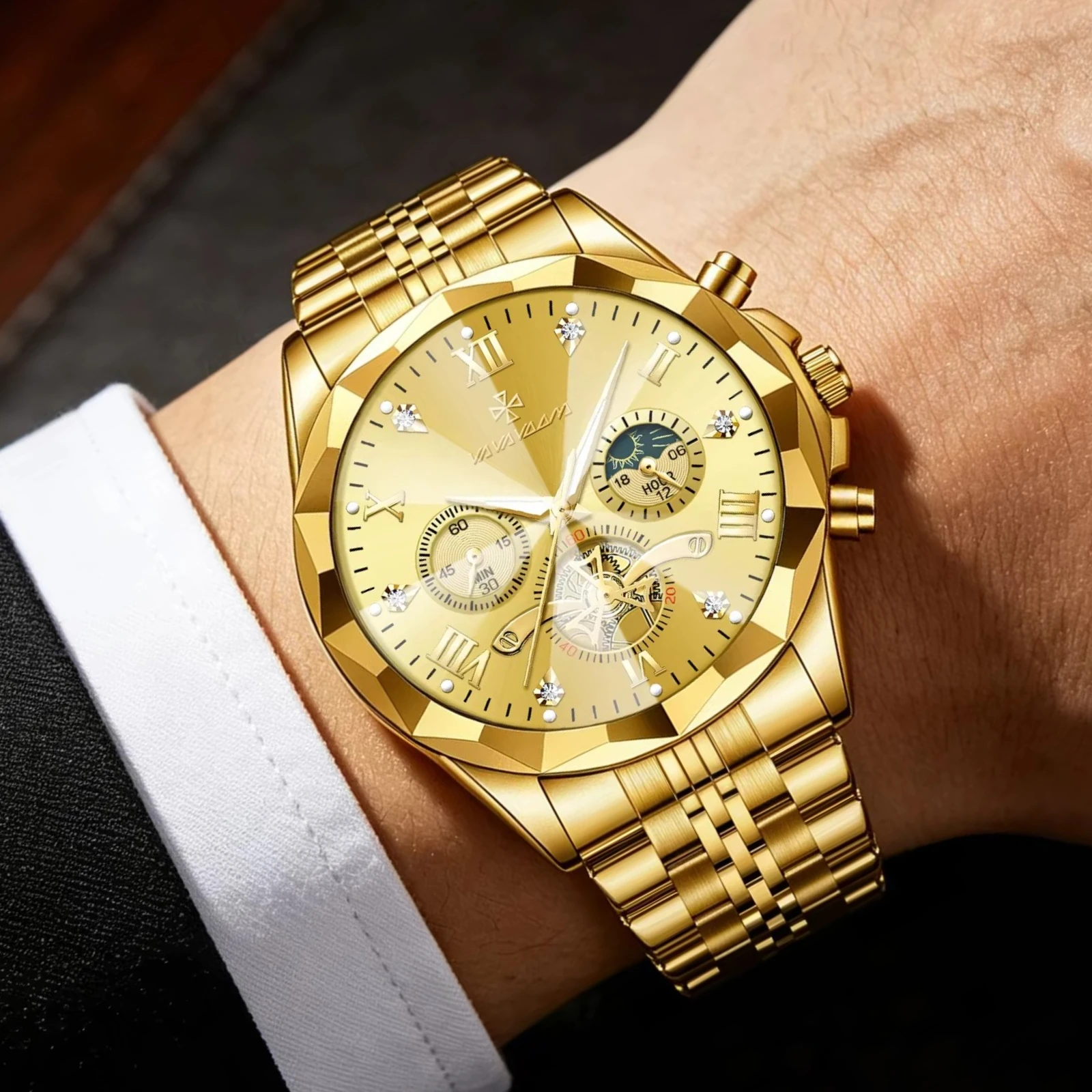 VA VA VOOM Blue Creative Design Rhombus Surface Quartz Watch Men Dial Hot Selling Multifunctional  Fashion Steel Watch Men Clock