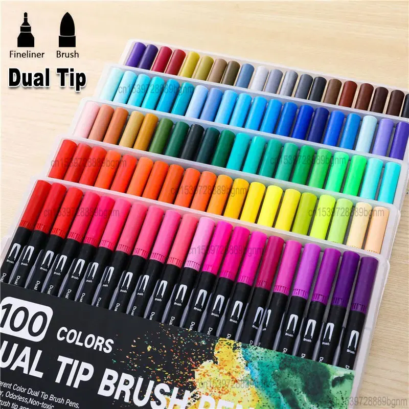 

12/24/48/100 Color Dual Tip Art Marker Watercolor Brush Fineliner Pen Double Head Comics Fine Liner For Sketch Drawing Painting