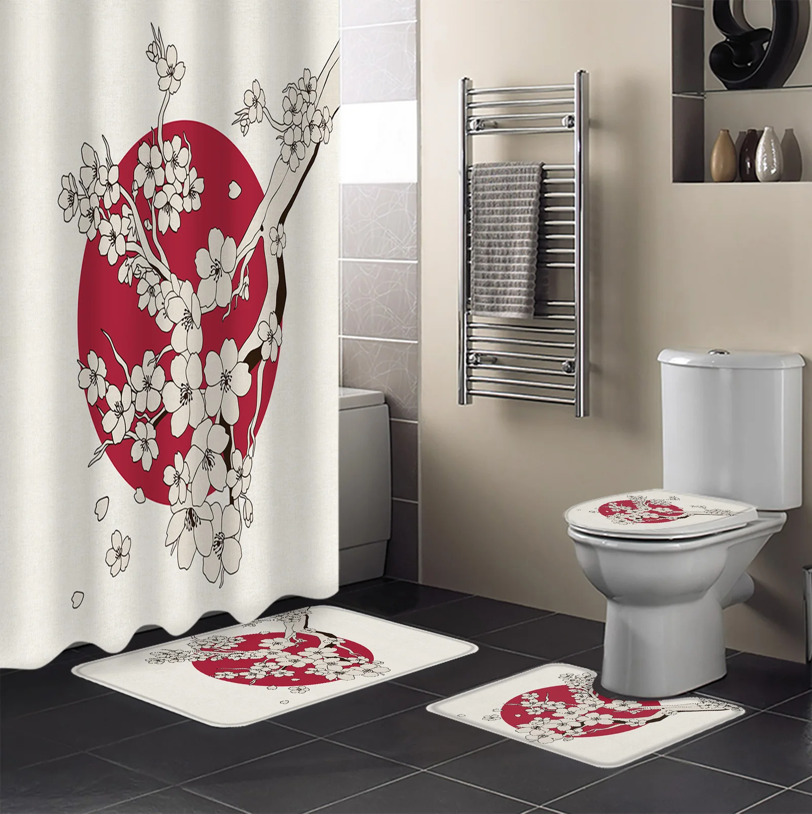 Japanese Sakura Sun Simple Retro Shower Curtain Set Non-Slip Rugs Bath Mat Toilet Lid Cover Waterproof Bathroom Curtain