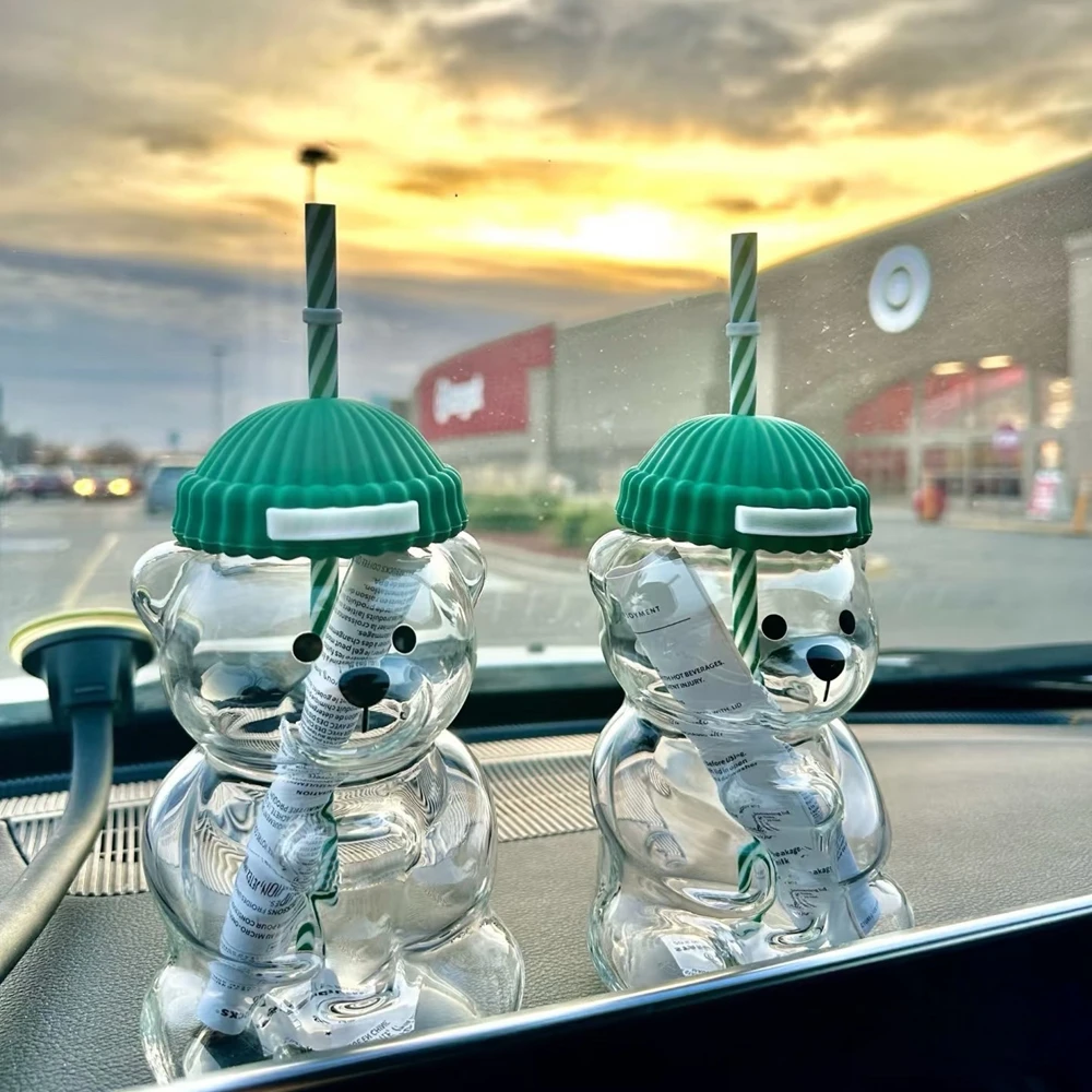 2025 New 500ML Cartoon Bear Shaped Coffee Mug Cute Bear Mug Glass Cup With Straw Transparent Creative Milk Coffee Water Cups