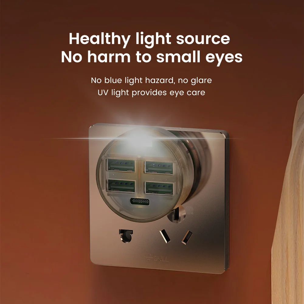 5 Ports USB C Charger Fast Charging Mini Soft Night Light Conversion Bedroom LED Night Light Bedside Switch Lamp Expansion Dock