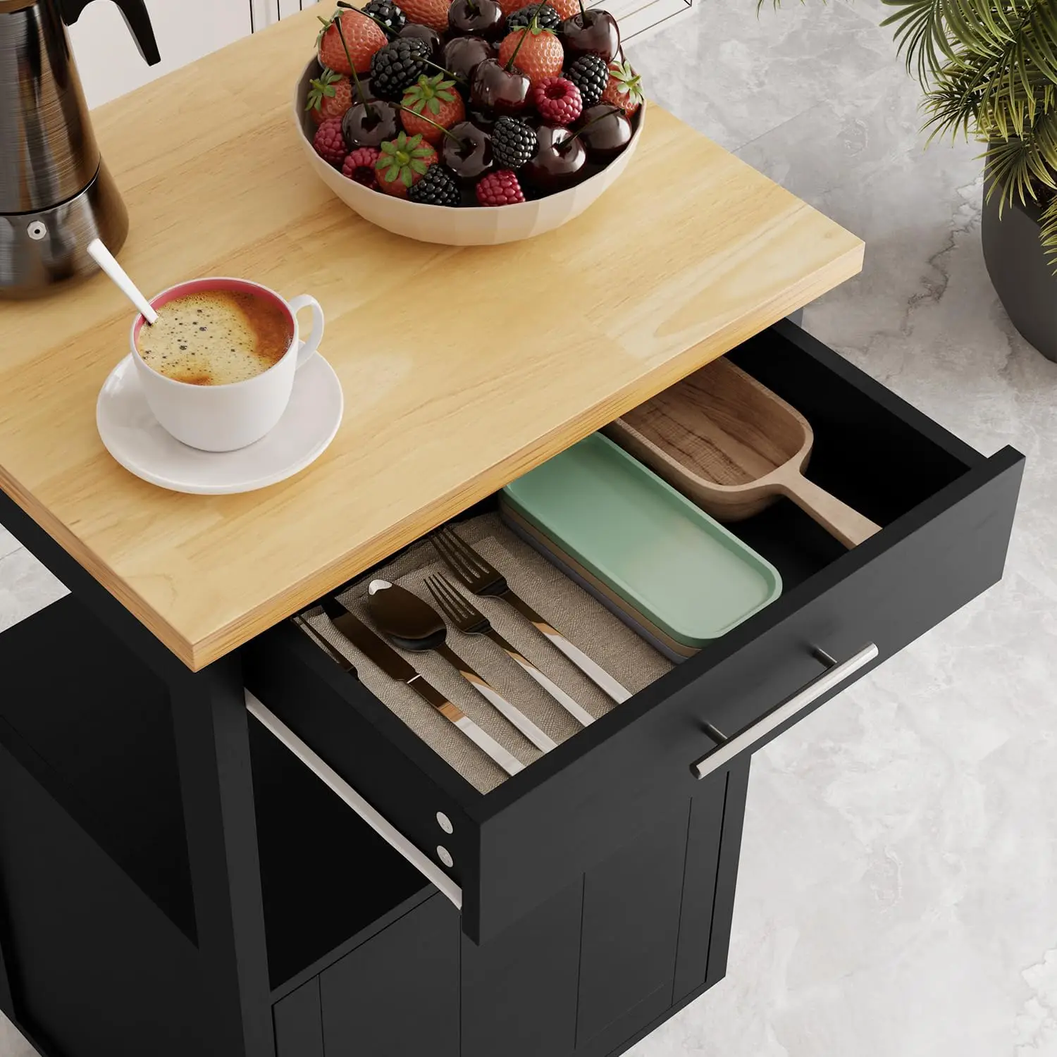 Kitchen Island, Cart Table with Storage, Small Portable Drawer on Wheels, Removable Narrow Wooden Edge Floating Space