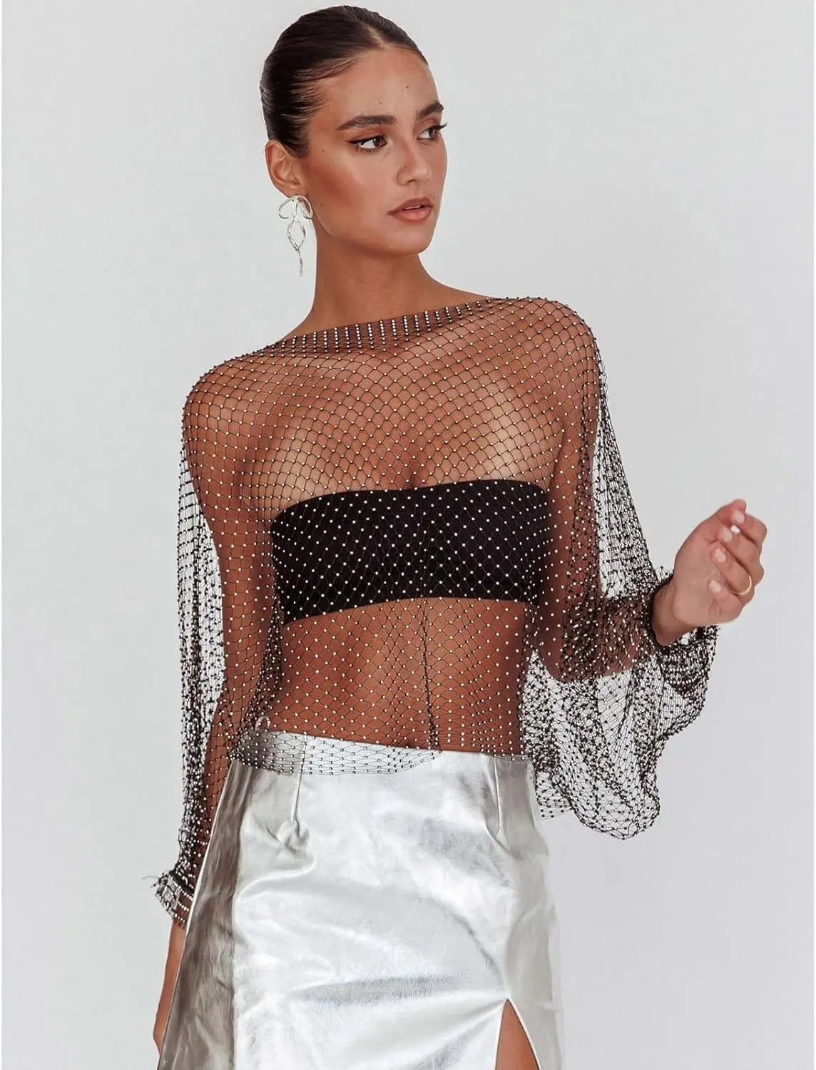 Women Rhinestone Crop Top Long Sleeve Fishnet Tops Bikini Cover Up for Concert Party Festival