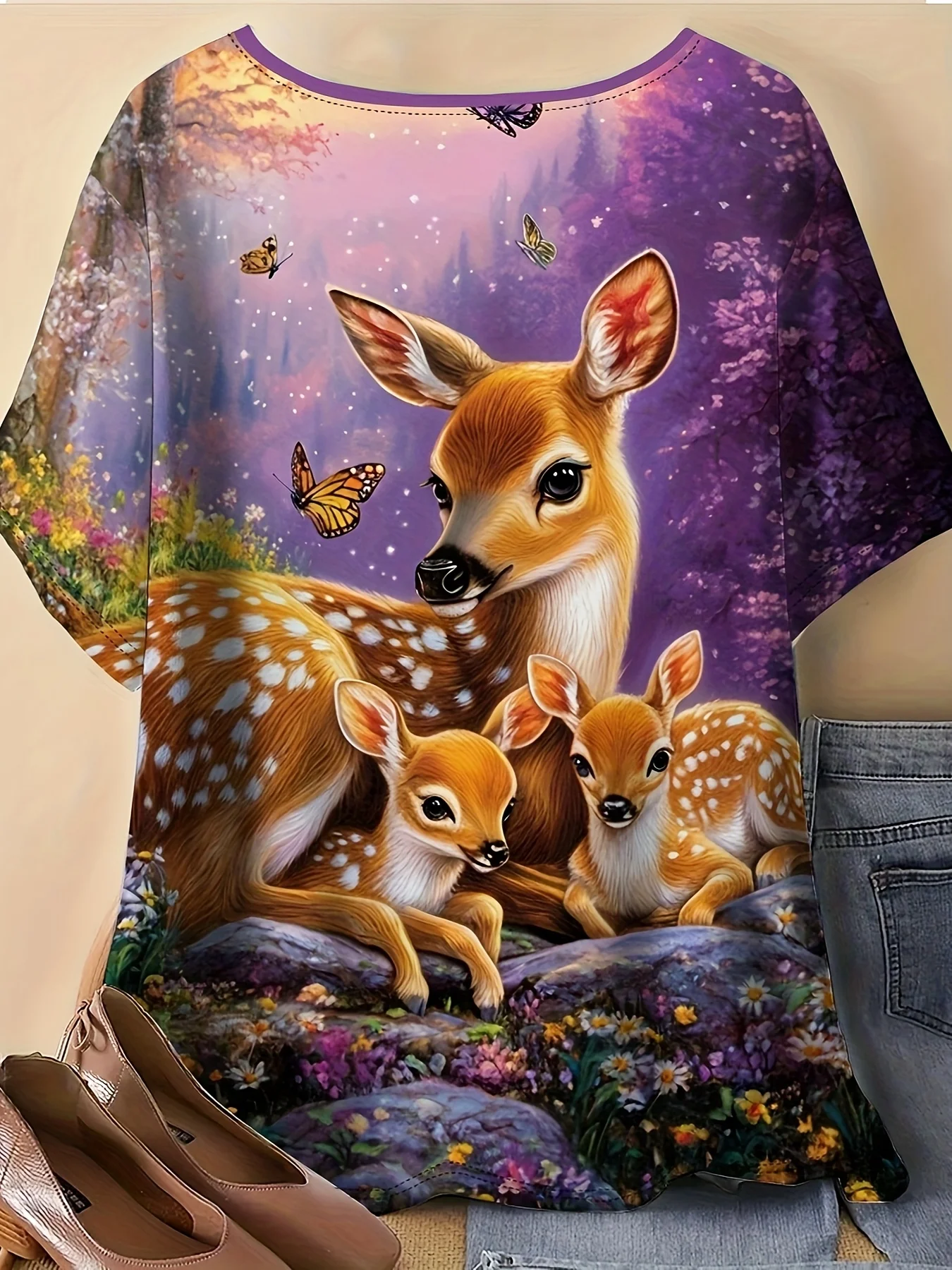 Women Crew Neck Short Sleeve T‑Shirt, Lovely Sika Deer Family With Butterflies Forest Purple Scenery Nature Graphic Casual