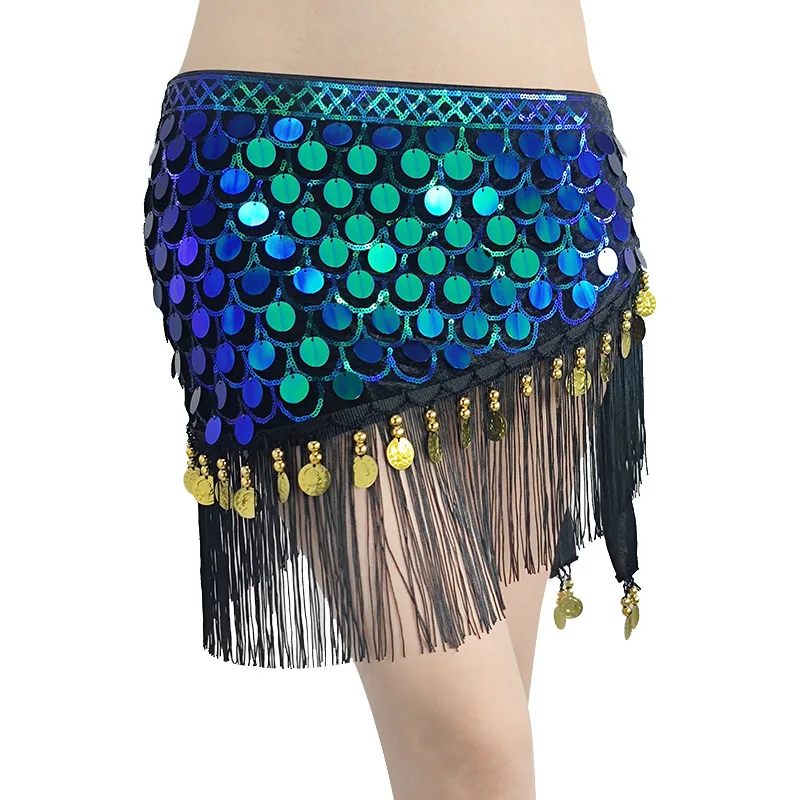 New Belly Dance Accessories Sequins Fish Scale Belt Tassels Hip Scarf Colored Coins Carnival Party Stage Performance Rave Skirts