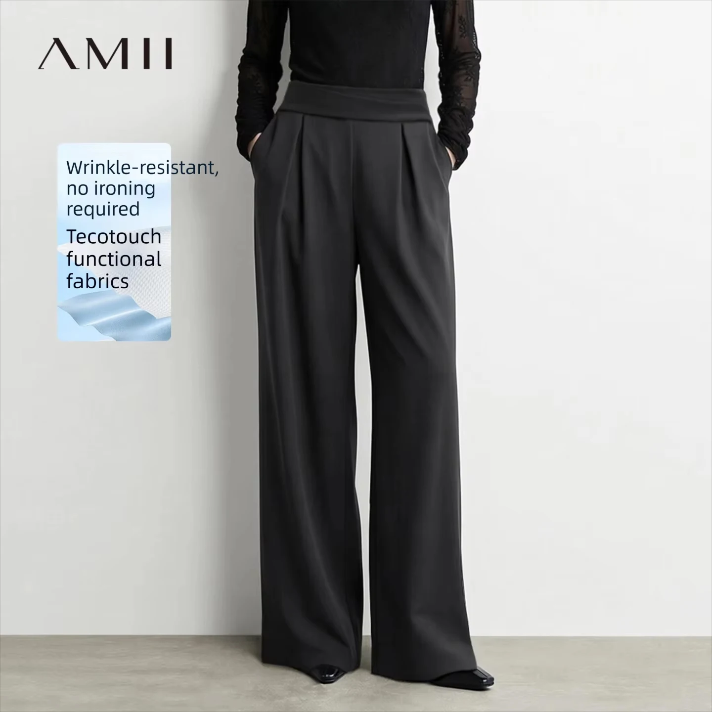 Amii Women Pants 2026 New Autumn Commuter Pleated Wide Leg Pants Wide Waistband Loose Casual Office Woman Long Trousers 12623034