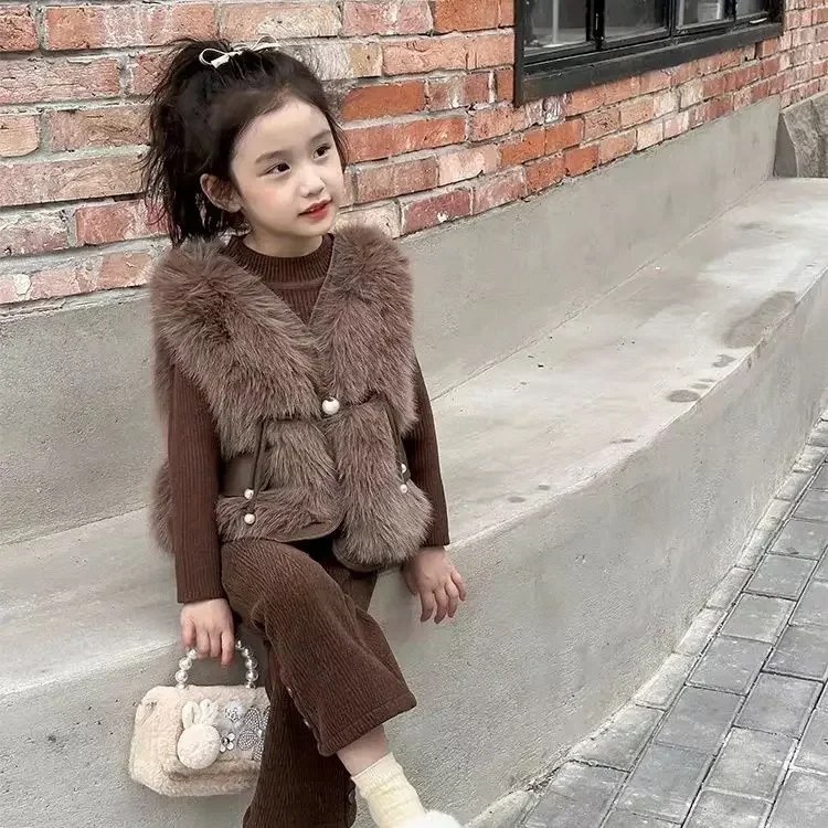 Girls Clothes Suit Autumn Winter Maillard Suit Children Winter 2023 New Foreign Style Fur Vest Base Coat Plus Velvet Trousers