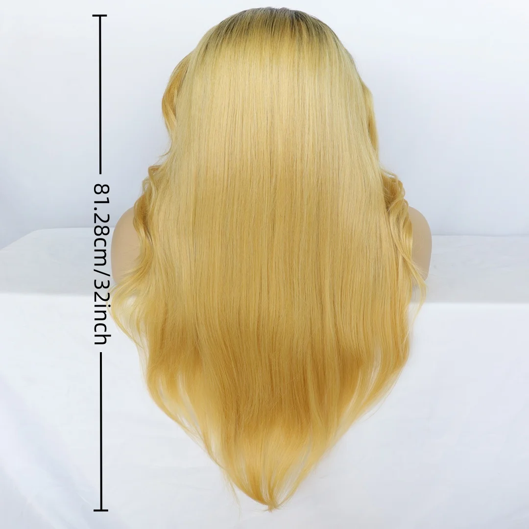 Long wave blonde synthetic T lace front wig, deep root dual color heat-resistant fiber lace daily wig