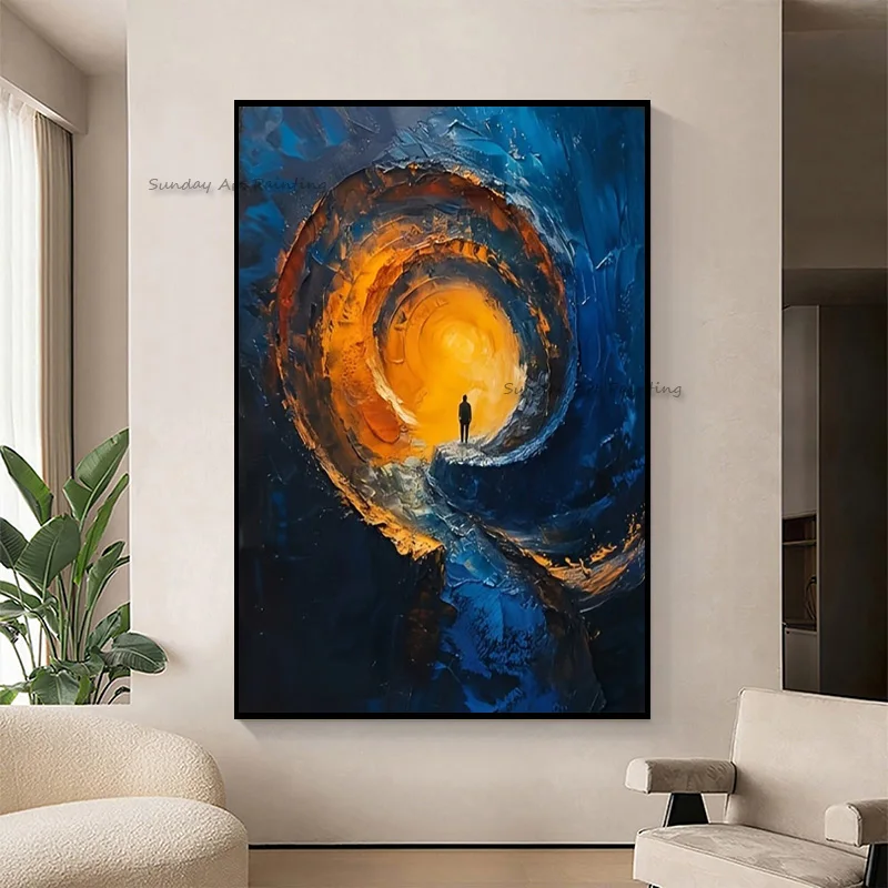 Handmade Canvas Knife Thick Navy Blue And Yellow Circle Oil Painting Abstract Special People Standing On The Sea Wall Decor