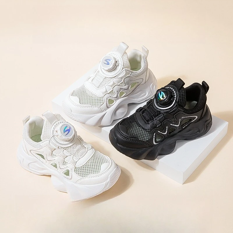 2026 Spring New Children's Casual Shoes Hollow Breathable  Rotating Button Running Shoes Anti Slip Soft Bottom Sports Shoes