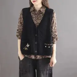 Knitted Vest Cotton Thread Loose Fit Large Size New Embroidery Mm Retro Patchwork Artistic Cardigan Thin Cut Hollowed Out Vest